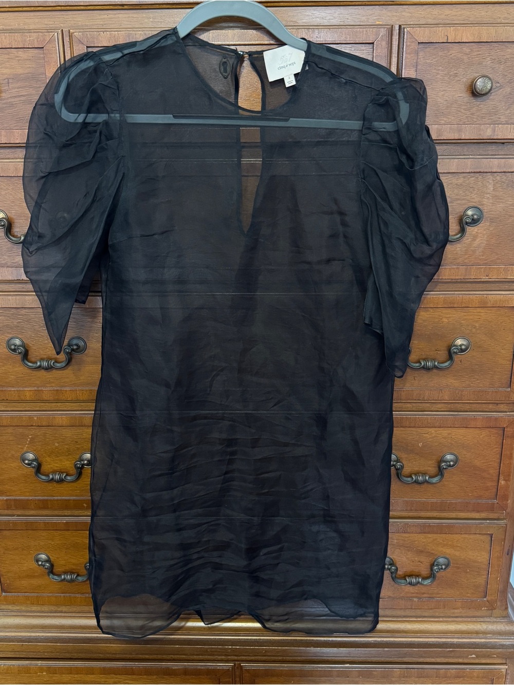 Cinq à Sept Erin Organza Puff Sleeve Silk Black Mini Dress Size 2 Sheer Y2K - Picture 2 of 8